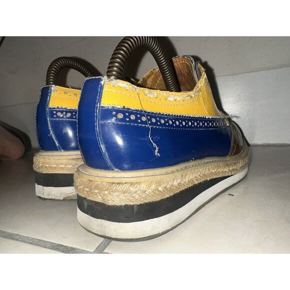 Prada Men's Shoes Brogue Us 9 Patent Leather Yellow Blue Wingtip Oxford M169 - Picture 3 of 16